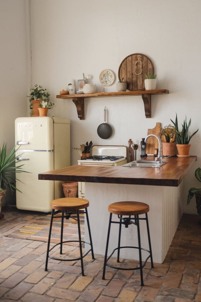 a boho kitchen with a vintage touch. The kitchen has a wooden countertop, a few stools, and a few potted plants. There's a vintage fridge and a stove. On the wall, there's a wooden shelf with some decorative items. The floor is made of bricks.