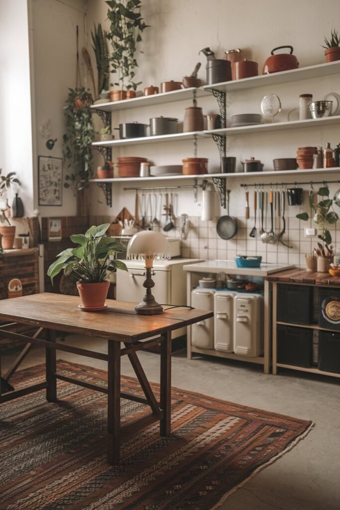 a boho-chic kitchen with a rustic charm. There is a wooden table in the middle of the room with a vintage lamp and a potted plant. The walls are adorned with shelves filled with cooking utensils, pots, and plants. The floor is covered with a large rug. The overall ambiance is warm and inviting.