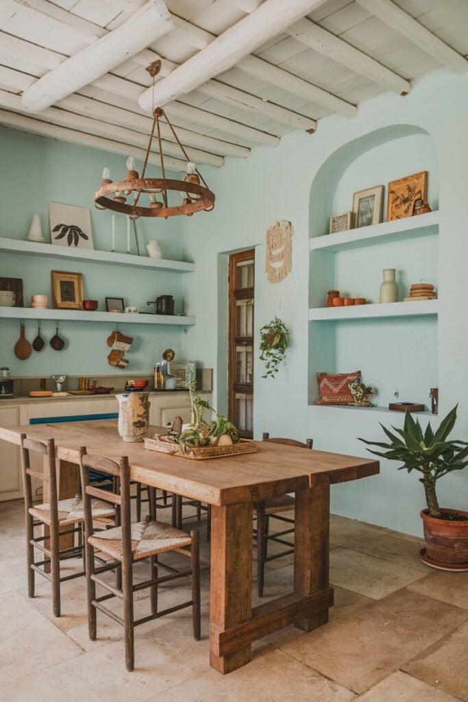 A boho kitchen with a rustic wooden table and chairs. The walls are painted in a soft blue hue and have white shelving units with various decorative items. There's a rustic chandelier hanging from the ceiling. A potted plant is placed on the floor. The floor is made of beige tiles.