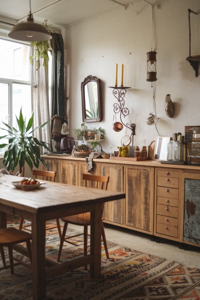 A boho kitchen with a rustic wooden table, chairs, and cabinets. There is a potted plant near the window. The walls are adorned with eclectic decor, such as a vintage mirror, a wrought-iron candleholder, and a hanging lamp. The floor is covered with a patterned rug.