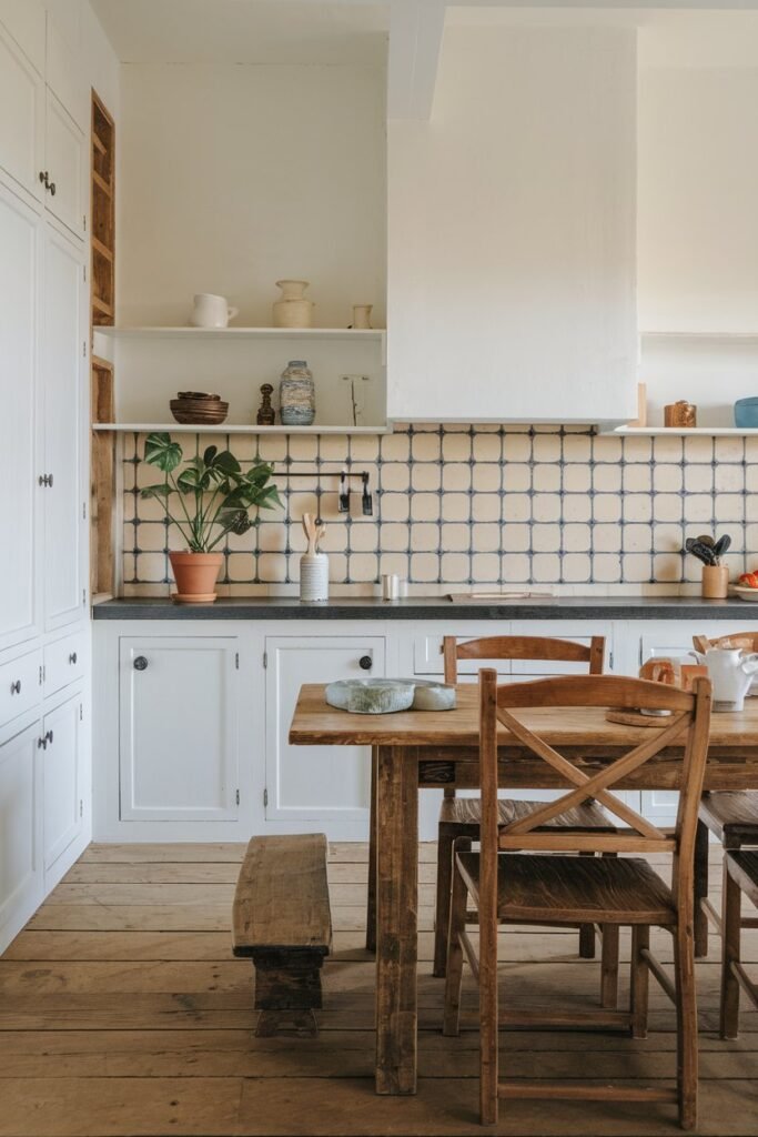 a boho kitchen with a rustic wooden table and chairs. The kitchen has a white cabinets, a black countertop, and a white backsplash with blue and beige tiles. There is a potted plant on the counter. The floor is made of wood.