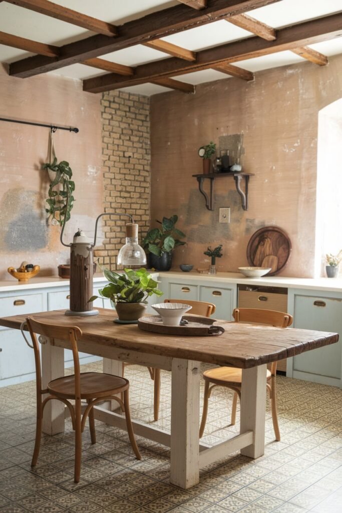 a boho kitchen with a rustic wooden table. The table has a worn, distressed finish, and it is placed in the middle of the kitchen. There are wooden chairs with a natural finish around the table. On the table, there's a vintage lamp, a green plant, a white ceramic bowl, and a wooden serving tray. The kitchen has exposed brick walls, wooden beams across the ceiling, and a patterned floor. The walls have a rustic, worn finish, and they have a few decorative items, including a hanging plant and a small shelf. The overall ambiance of the kitchen is warm and inviting.