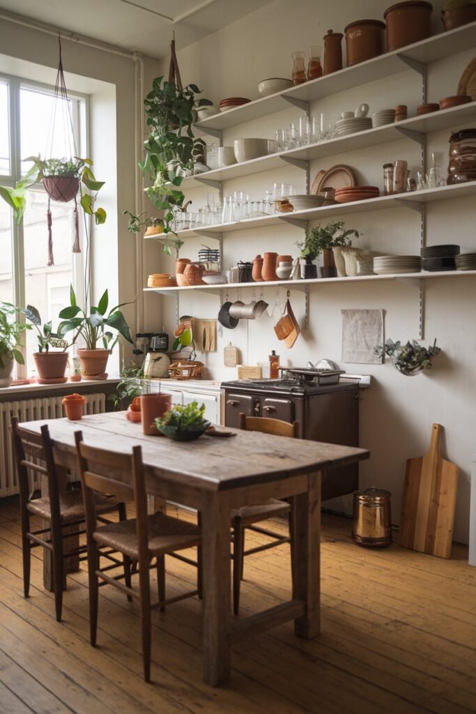 A boho kitchen with a rustic wooden table and chairs. There are potted plants on the windowsill and hanging from the ceiling. The walls are covered with shelves filled with various items, including dishes, glasses, and decorative items. There is a vintage stove and a wooden cutting board on the floor. The floor is made of wooden planks.