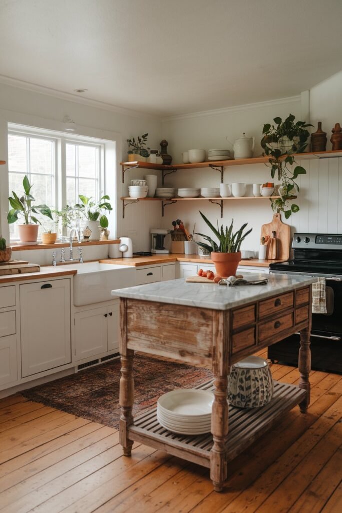 A boho kitchen with a rustic wooden island, white cabinets, and a black stove. The island has a marble top and is equipped with a sink. There are potted plants on the windowsill and the countertop. The floor is made of wooden planks. A rug is placed underneath the island. The walls are adorned with shelves holding dishes and decor.