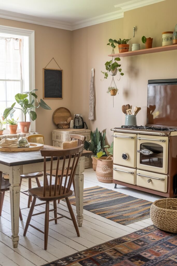 A boho kitchen with a vintage feel and a handmade aesthetic. The room has a wooden table with a distressed finish, and the chairs have a rustic design. There's a vintage stove with a cream and brown color scheme. A woven basket sits on the floor. The walls are painted a soft beige color. There's a potted plant near the window. The floor is covered with a patterned rug. There's a chalkboard on the wall, and a few hanging potted plants.