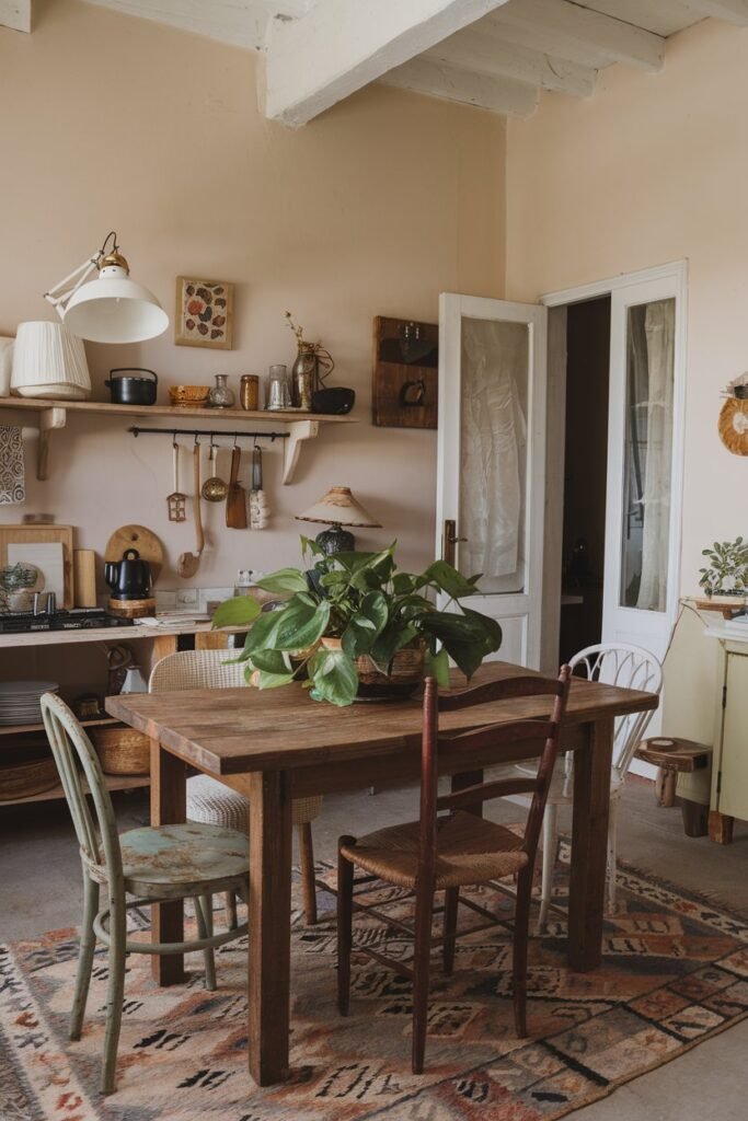 A boho kitchen with a rustic aesthetic. There's a wooden table in the middle of the room with a green plant. There are mismatched chairs around the table. On the wall, there's a shelf with various items, including a lamp, a kettle, and a few decorative pieces. The floor is covered with a patterned rug. There's a door leading to another room. The walls and the ceiling are painted beige.