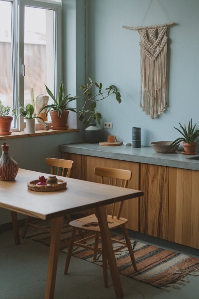 A boho kitchen with a wooden table and chairs. There are potted plants on the windowsill and a macrame wall hanging. The countertops are made of concrete and have a few items, such as a vase, a bowl, and a plant. There's a rug on the floor. The walls are painted in a light blue hue.