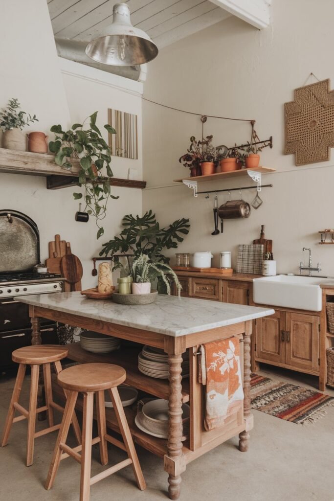 a boho-chic kitchen with a rustic and eclectic style. The kitchen has a wooden island with a marble top, surrounded by wooden stools. There's a vintage stove, a rustic sink, and a wooden cabinet. The walls are adorned with potted plants, a hanging lamp, and a decorative rack. The floor is covered with a rug.