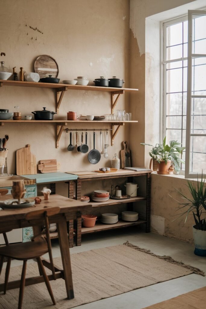 a boho-style kitchen with a rustic aesthetic. The kitchen has a beige wall, wooden shelves, and a wooden table. There are various kitchen items on the shelves, including pots, pans, and dishes. The floor is covered with a beige rug. There's a potted plant near the window. The window has a white frame and a few panes are broken. The wall has a few nails and a string.