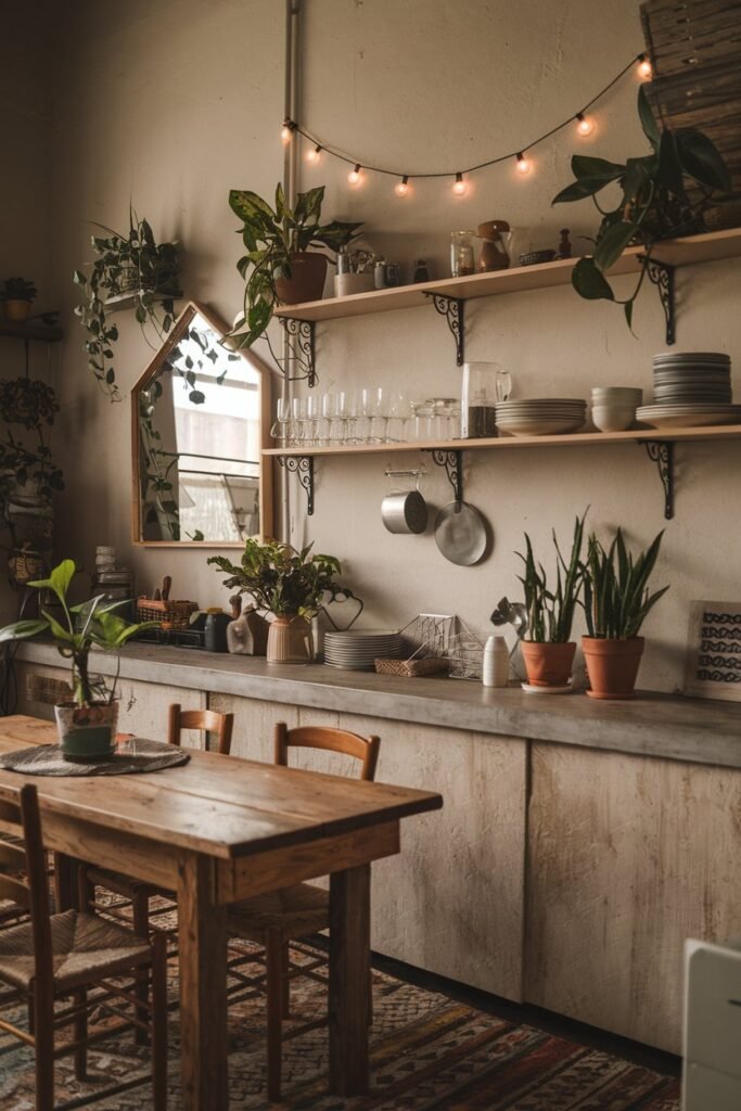 A boho kitchen with a rustic wooden table and chairs. The walls are adorned with plants, a mirror, and a row of shelves holding dishes, glassware, and decorative items. There's a string of fairy lights over the mirror. The countertop is made of concrete and has a few potted plants on it. The floors are covered with a patterned rug.