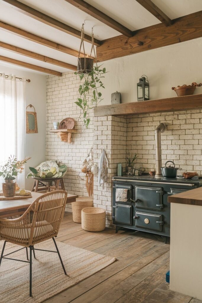 a boho kitchen with a rustic charm. The kitchen has a wooden beam ceiling, exposed brick walls, and a vintage stove. There's a wooden table in the kitchen with a wicker chair. A plant is hanging from the ceiling. The floor is made of wooden planks. There's a rug on the floor. The walls have some decor items, including a lantern and a wooden shelf with a dish.