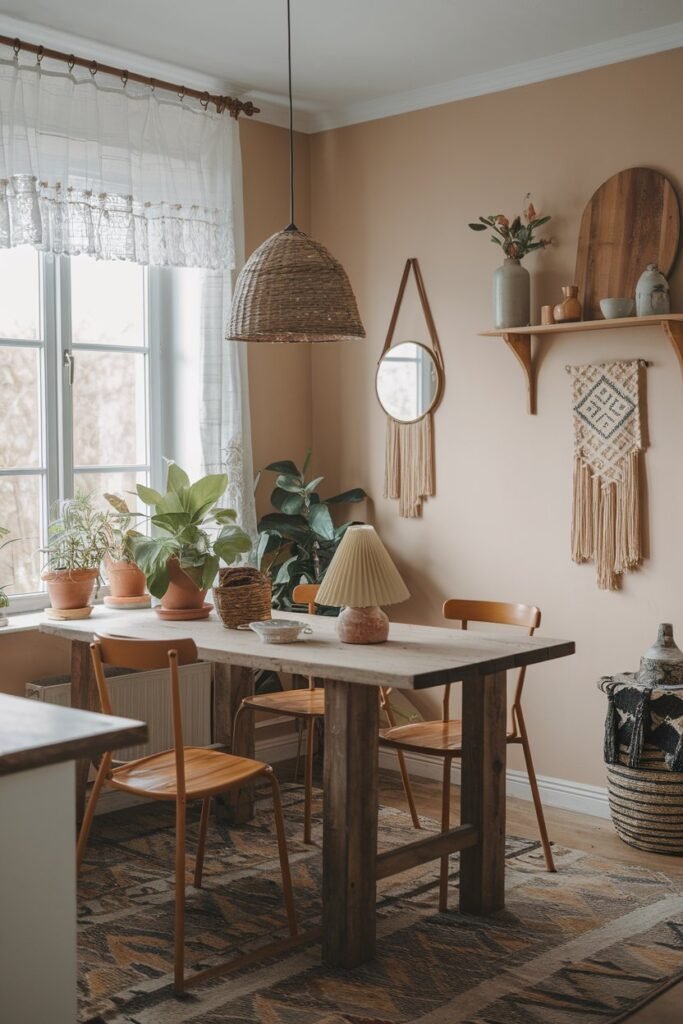 a boho-style kitchen with a rustic wooden table and chairs. The table is placed near a window with a curtain. There are potted plants, a lampshade, and a basket on the table. The walls are painted beige and decorated with a hanging lamp, a mirror, and a wooden shelf. The shelf holds a vase and a decoration. The floor is covered with a patterned rug.