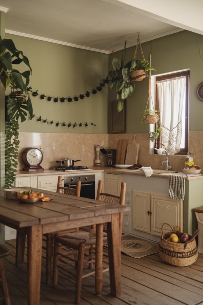 A boho kitchen with a rustic wooden table and chairs. The walls are adorned with greenery, including a large potted plant and a string of hanging plants. The countertops are made of beige-marble and have a vintage clock and a few cooking utensils on top. A woven basket with fruits sits on the floor. The floor is made of wooden planks. There is a window with a curtain near the sink. The sink has a few utensils and a dish next to it. The overall ambiance of the kitchen is warm and inviting.