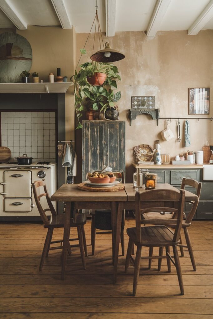 a boho-style kitchen with a rustic wooden table and chairs. The kitchen has a vintage look, with a retro stove and a worn wooden cupboard. There are potted plants hanging above the table and a few items placed on the table. The floor is made of wooden planks. The walls have a beige colour and have some decorations, including a hanging lamp and a few pictures. The overall ambiance of the kitchen is warm and inviting.