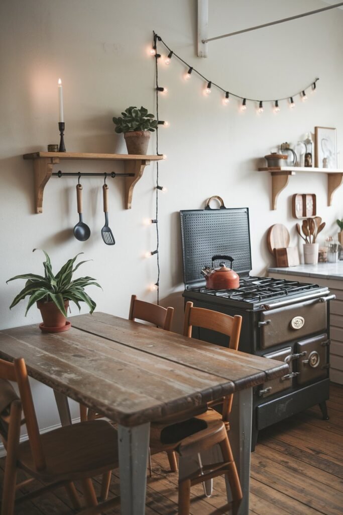 a boho kitchen with a rustic vibe. The kitchen has a wooden table with a worn finish, a few chairs, and a potted plant. There's a vintage stove with a grate and a kettle. A clay pot and a wooden utensil are also placed on the table. The wall has a few decorations, including a wooden shelf with a candle and a plant pot, a string of lights, and a few. The floor is made of wood.