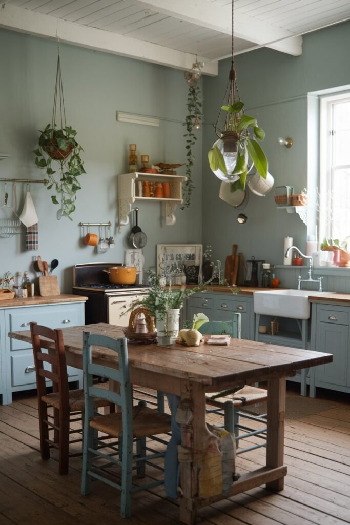 A boho-style kitchen with a rustic wooden table and chairs. The walls are painted a soft gray and have hanging plants and a vintage light fixture. There is a vintage stove and a farmhouse sink. The floor is made of wood. There are various kitchen utensils and pots hanging from the ceiling.