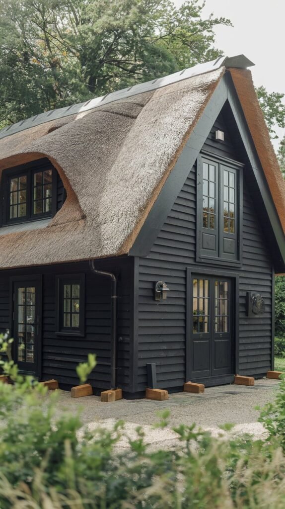 a black cottage with a thatched roof. The cottage has a few windows and a door. There are wooden supports near the base of the cottage. The cottage is surrounded by lush greenery.