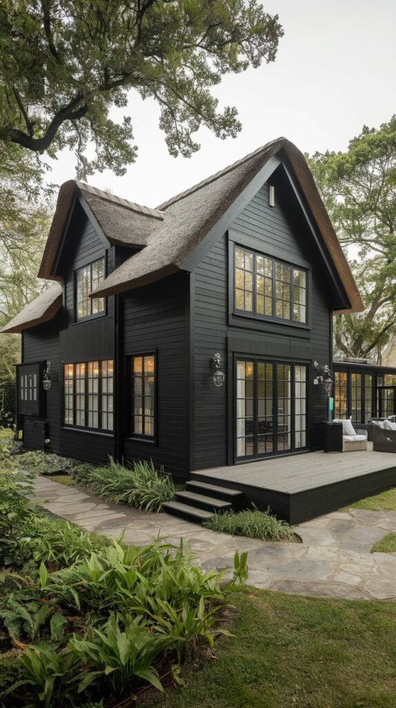 A black cottage exterior with a thatched roof. The cottage has two stories and is built with wood. There are large windows and a wooden deck on the side. The cottage is surrounded by lush greenery and has a path leading to the front door. The overall ambiance is serene and nature-inspired.