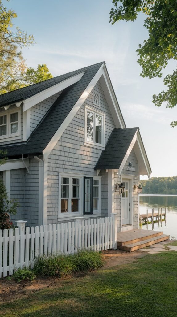 a gray cottage exterior with a white picket fence. The cottage has a steep roof, multiple gables, and a few windows. There is a wooden deck near the front door. The cottage is surrounded by lush greenery, and the background reveals a serene lake with a wooden dock. The sky is clear.