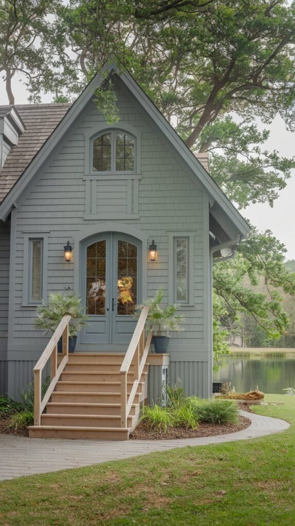 a luxury gray cottage with a wooden exterior. The cottage has a steeply pitched roof and is surrounded by a lush green landscape. There are wooden stairs leading up to the front door. The front door is painted blue and has a glass panel. There are potted plants on either side of the stairs. The cottage is located in a serene setting with a calm lake in the background.