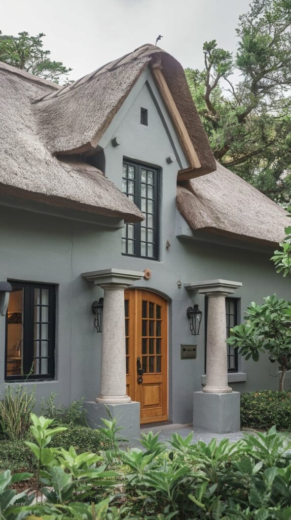 A gray cottage with a thatched roof. The cottage has a few windows and a wooden door. There are stone pillars on either side of the door. The cottage is surrounded by lush greenery.