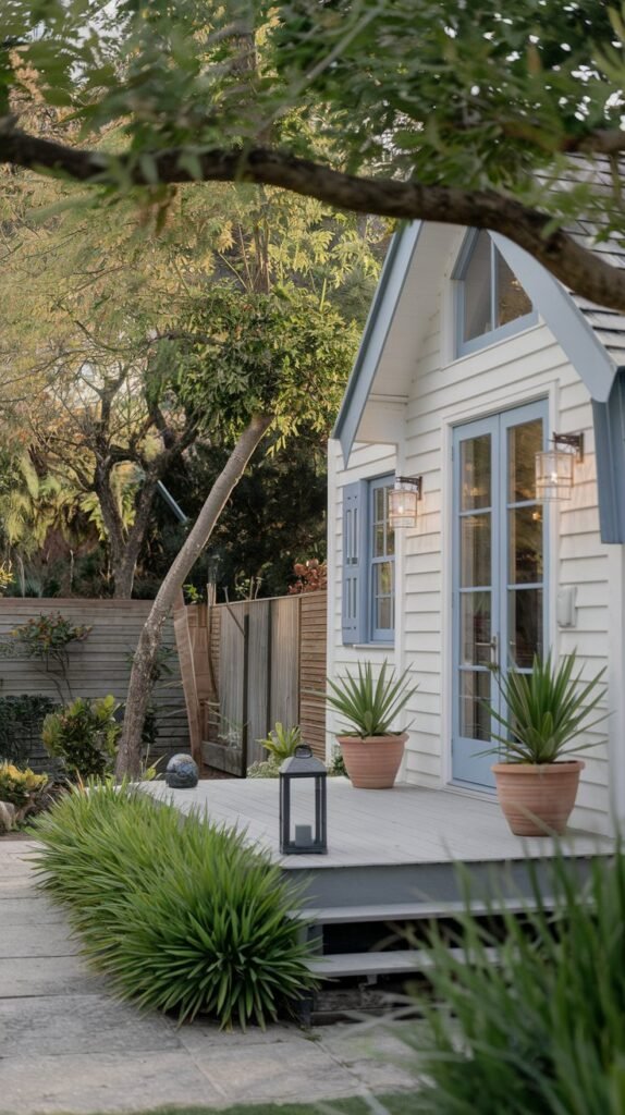 a luxury cottage exterior. The cottage is white with blue accents and has a wooden deck. There are potted plants and a lantern on the deck. The cottage is surrounded by lush greenery, with trees and plants of various heights and shapes. The background contains a wooden fence and a pathway. The lighting is soft.