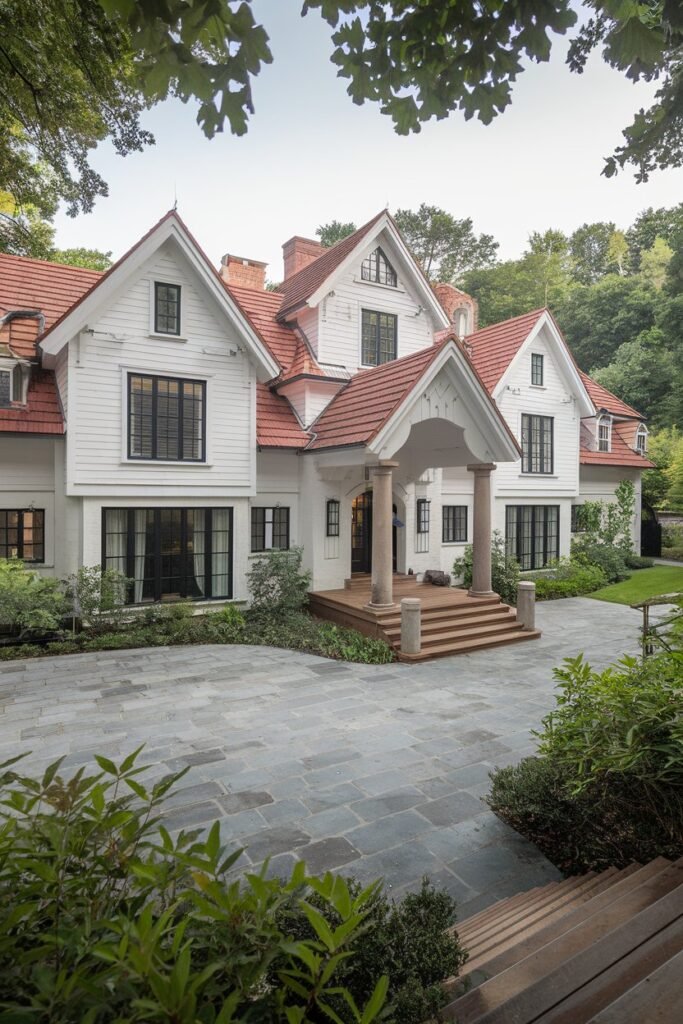 A large cottage with a white exterior and red roof. The cottage has multiple stories and features multiple gabled roofs. There are large windows with black frames. The cottage is surrounded by lush greenery. The ground is paved with grey stones. There is a wooden staircase leading up to the main entrance. The entrance is framed by two large columns. The overall ambiance is serene and rustic.