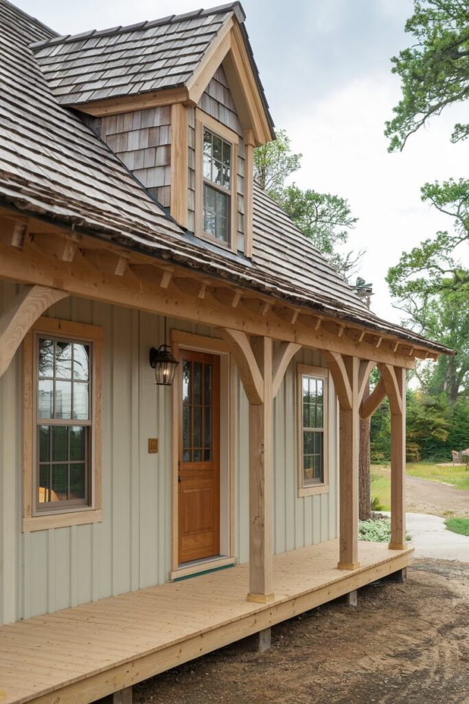 A new cottage exterior with a rustic charm. The cottage has a wooden exterior, with a few windows and a wooden door. There is a wooden porch with support beams. The roof is made of wooden shingles. The background reveals a serene landscape with trees and a pathway.