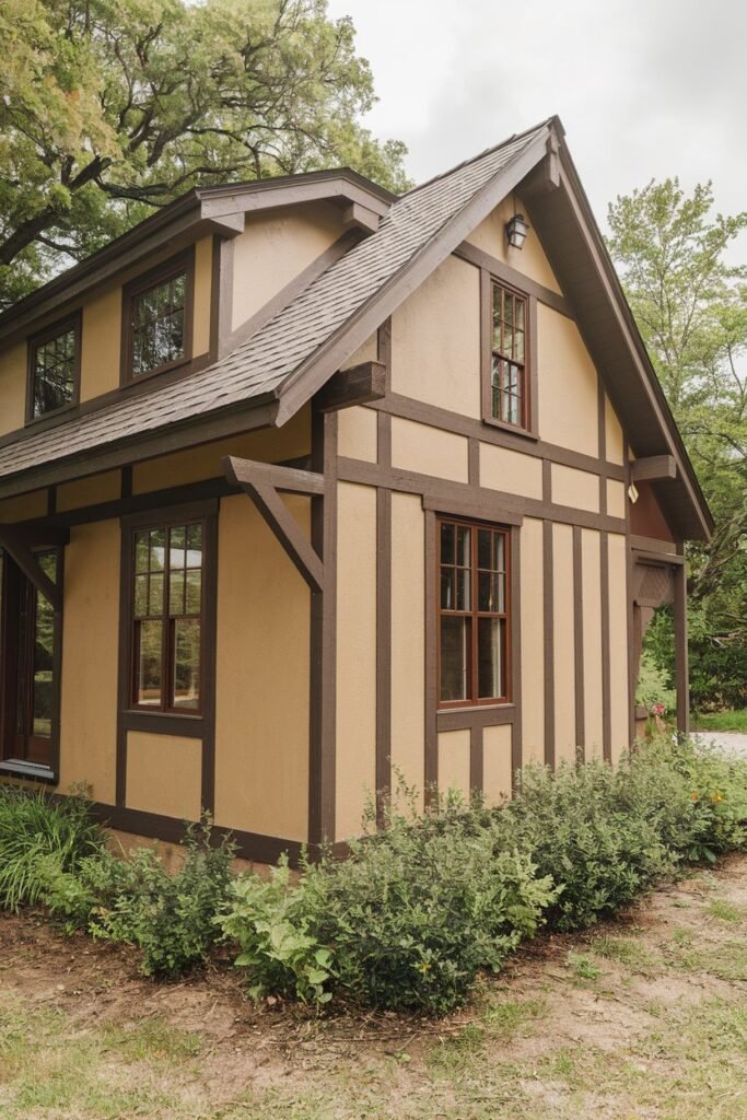 a newly built cottage with a rustic exterior. The cottage is made of wood and has a pitched roof. The exterior is painted in a warm beige color with dark brown accents. There are wooden beams visible on the exterior walls. The cottage is surrounded by lush greenery.