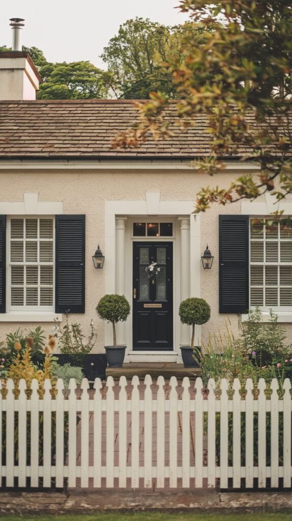 a cottage exterior with a white picket fence. The cottage has a black door and shutters. There are potted plants on either side of the door. The cottage is surrounded by a lush green garden with flowers. The background has trees. The overall image has a warm hue.