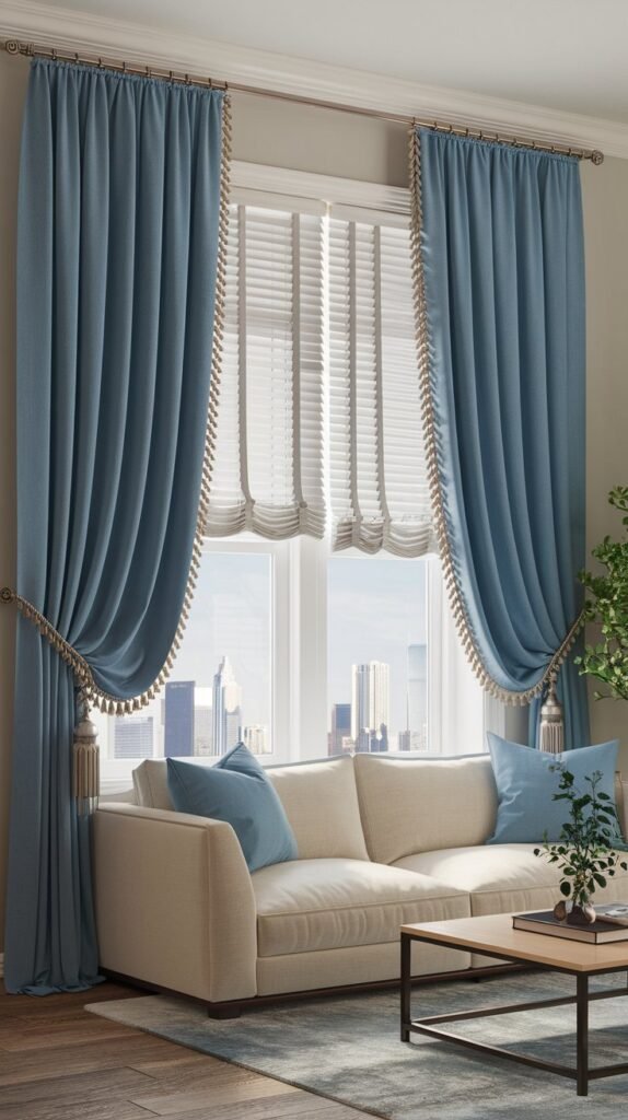 A living room with blue curtains and blinds. The curtains are a medium blue color and are paired with white blinds. The curtains are pulled back to reveal a window with a view of a city skyline. The room has a beige sofa, a coffee table, and a plant. The walls are painted a light gray color.