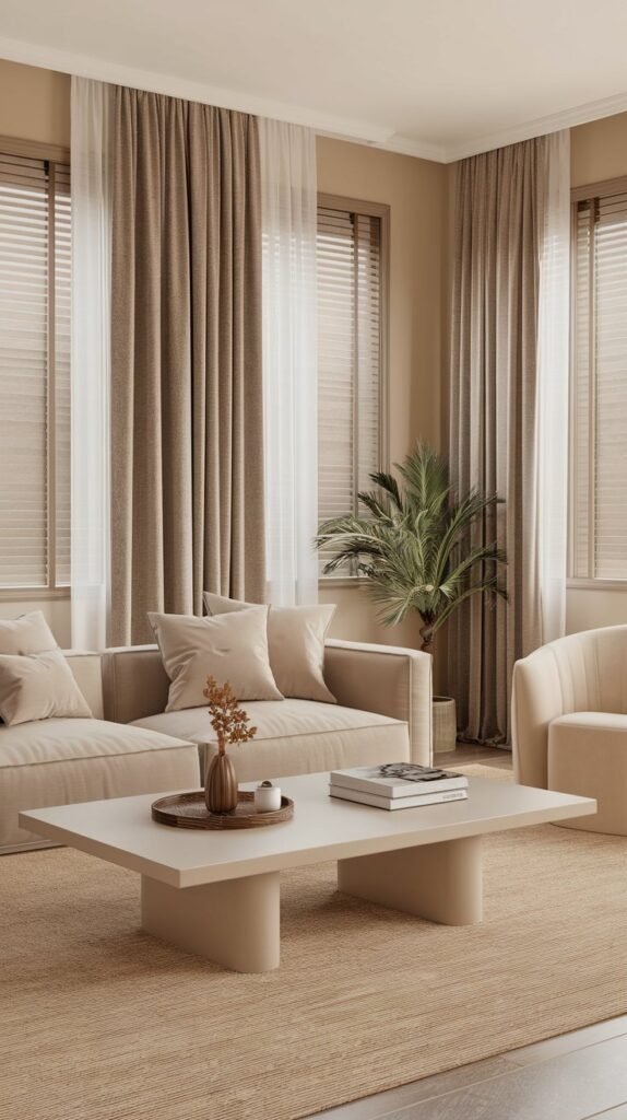 A living room with a beige sofa, a white coffee table, and a few decorative items. The room has floor-to-ceiling beige curtains and white blinds. The walls are painted beige. There's a potted plant in the corner. The floor is covered with a beige rug.