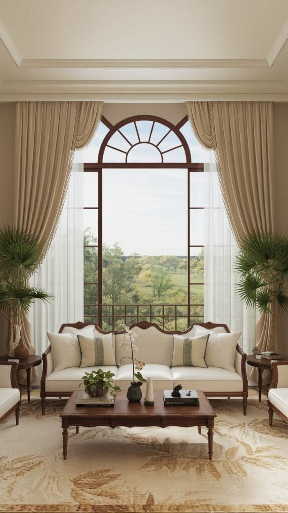 A living room with a white sofa, a few potted plants, and a wooden coffee table. The room has beige walls and a beige area rug. The main feature of the room is the large window with beige curtains and a white vertical blind. The window overlooks a lush green landscape with trees. The room has a few decorative items, including a vase with a flower and a small sculpture.