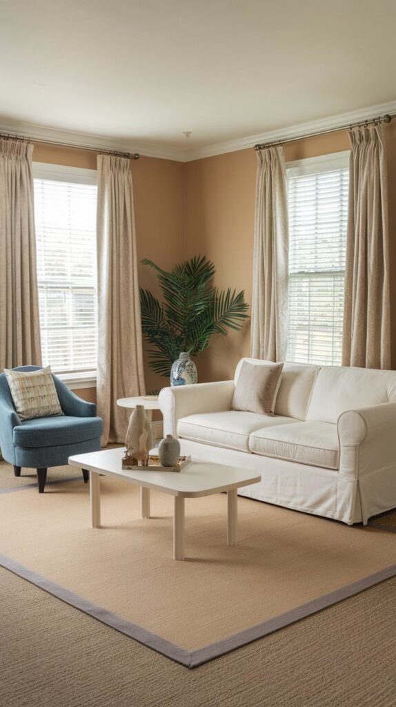 a living room with beige walls and a beige area rug. There's a white sofa with two cushions and a white coffee table in the middle of the room. Next to the sofa is a blue chair with a patterned cushion. There's a plant in the corner. The room has two windows with beige curtains and white blinds. The floor has a beige carpet. The lighting is soft.