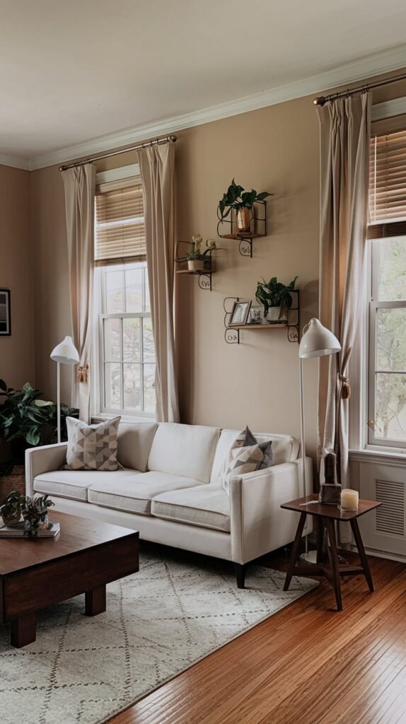 a living room with beige walls, hardwood floors, and a white sofa. There are two white floor lamps and a brown wooden coffee table. The walls have decorative shelves with plants and a few items. The room has two windows with beige curtains and blinds. The curtains are pulled back to reveal the blinds. The windows have white frames. There is a rug in front of the sofa. The room has a few personal items like a plant, a photo frame, and a candle.