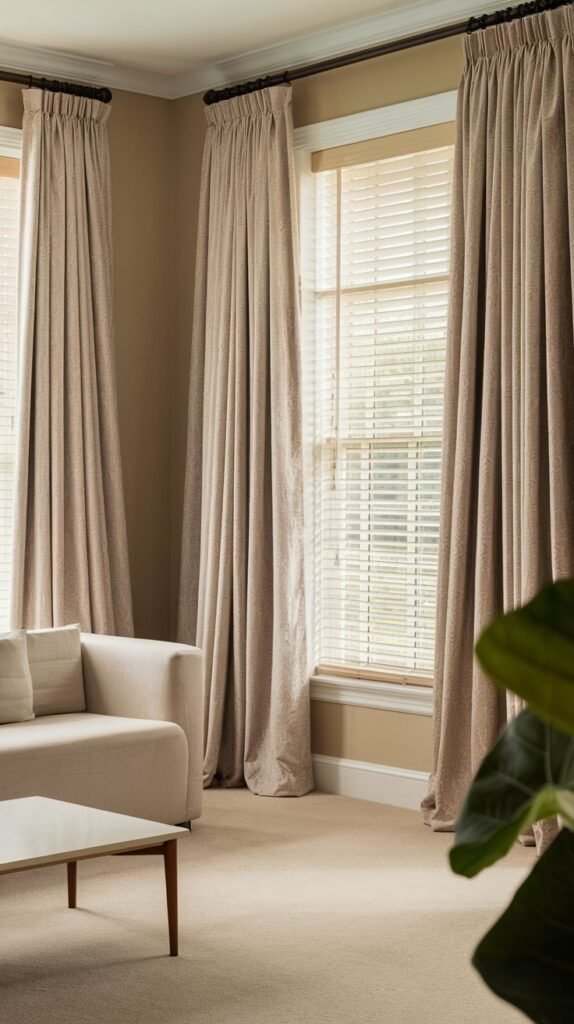 a living room with beige walls and a beige carpet. There are two beige curtains next to each other, with one curtain slightly pulled back to reveal a window with white blinds. The window has a pattern of horizontal lines. The room contains a beige sofa, a white coffee table, and a green plant. The lighting is soft.