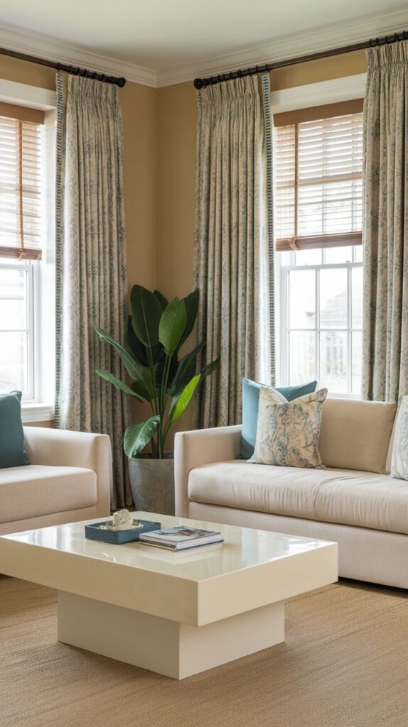 a living room with beige walls, a beige sofa, a white coffee table, and a green plant. There are two windows with beige curtains and blinds. The curtains and blinds have a subtle pattern in a blue and beige color scheme. The floor is covered with a beige rug.