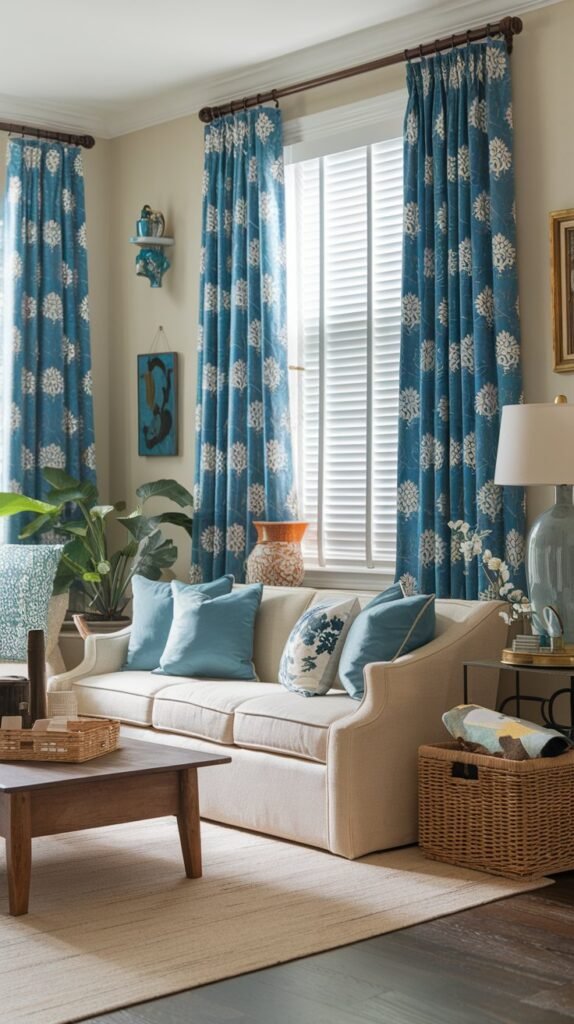 a living room with color curtains and blinds. The room has a beige sofa, a wooden coffee table, and a plant. There is also a basket and a lamp near the sofa. The walls have decorative items, such as a painting and a vase. The curtains are a vibrant blue and have a pattern of white flowers. The blinds are white and are installed above the curtains.