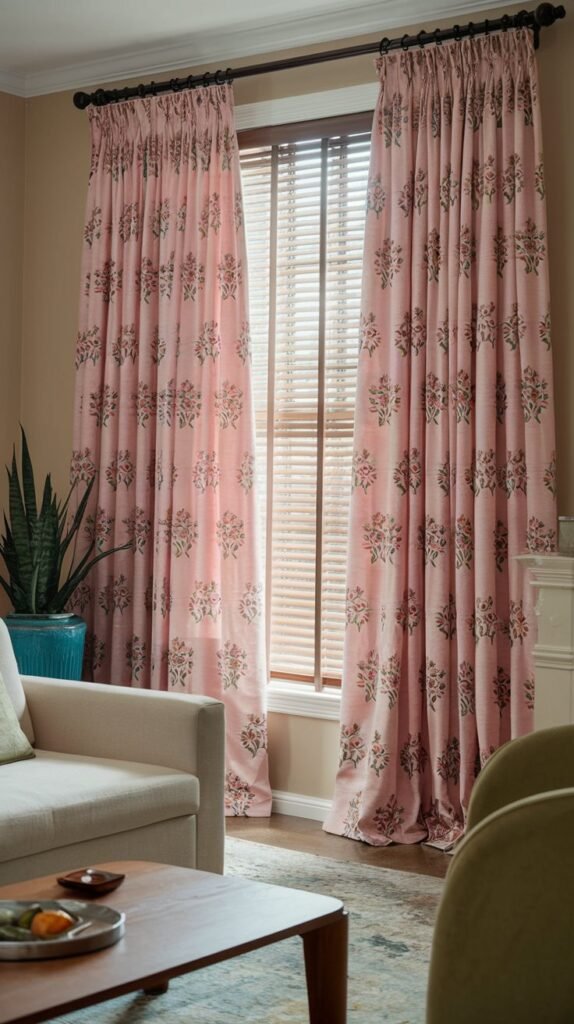 a living room with pink curtains with blinds. The curtains have a pattern of small flowers in shades of pink, red, and green. The curtains are drawn back to reveal a window. The room has a beige sofa, a green chair, and a wooden coffee table. There is a plant in a blue pot near the window. The walls are painted beige.