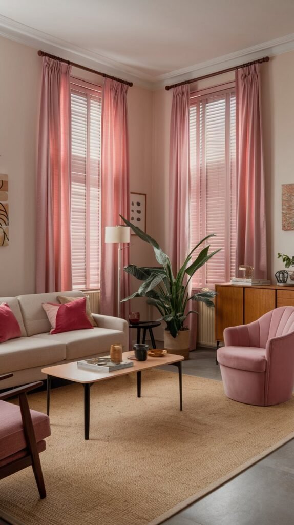 A living room with pink curtains and blinds. The room has a beige sofa, a pink armchair, a coffee table, and a plant. There is a wooden cabinet against the wall. The floor is covered with a beige rug. The walls have a few pieces of art. There is a lamp near the sofa.