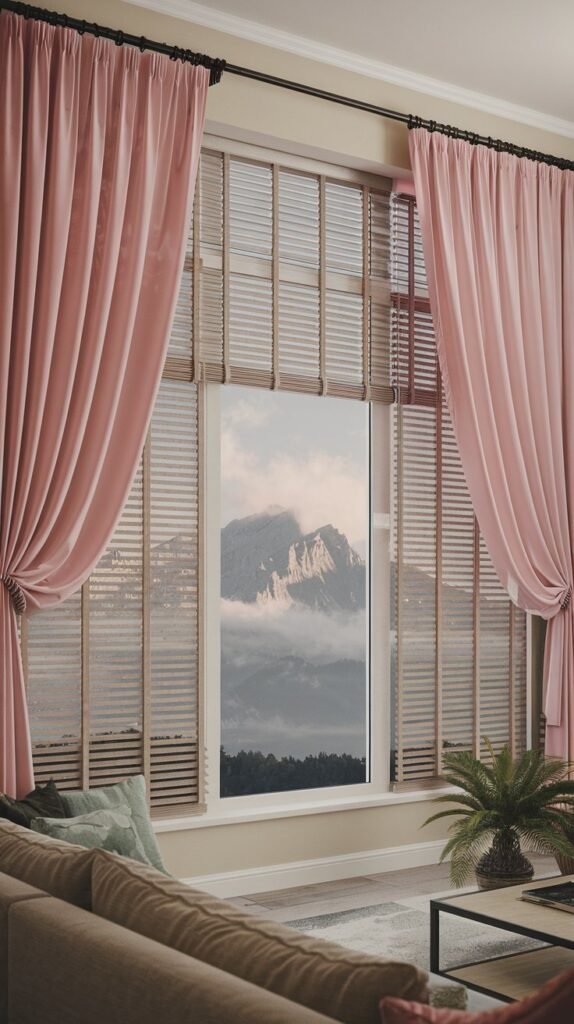 A living room with pink curtains with blinds. The curtains cover a large window and are pulled back to reveal a scenic view of a mountain range with a few peaks shrouded in clouds. The room contains a couch, a coffee table, and a plant. The walls are painted a light beige colour.