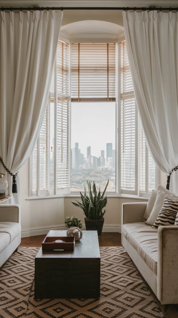 a living room with white curtains and blinds. The curtains are pulled back, revealing a large window with blinds. The blinds are open, revealing a scenic view of a city with tall buildings. The room has a beige sofa, a dark wooden coffee table, and a potted plant. The floor is covered with a beige and black patterned rug.