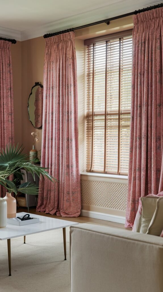 a living room with pink curtains and blinds. The curtains are pink with a floral pattern. There is a large window with the blinds pulled up. The room has a beige sofa, a white coffee table, and a plant. The walls are painted beige and have a few decorative items, such as a mirror and a vase. The floor is covered with a beige rug.