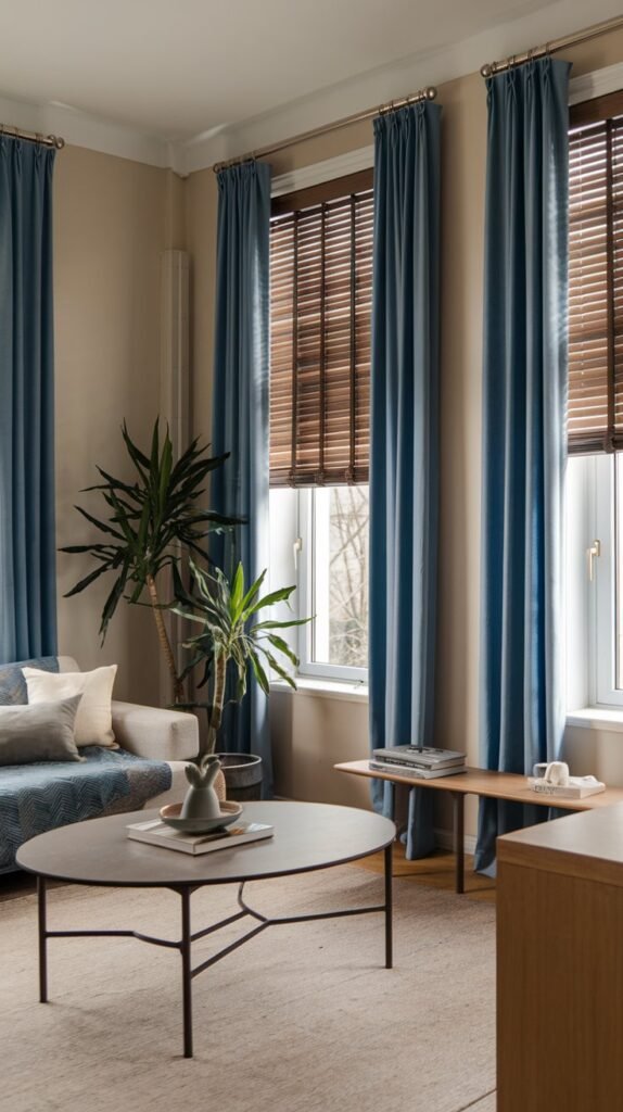 A living room with blue curtains and blinds. There's a couch, a coffee table, and a plant near the window. The walls are painted beige.