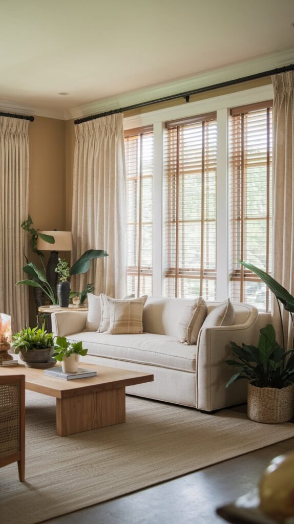 a living room with a beige sofa, a wooden coffee table, and a few potted plants. There are curtains with blinds that cover the large windows. The walls are painted a soft beige color. The floor is covered with a beige rug. There is a lamp on the side table near the sofa. The room has a warm and cozy ambiance.