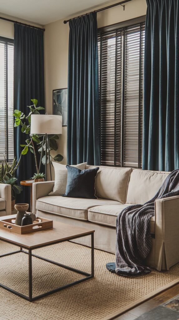 A living room with a beige couch, a coffee table, and a lamp. The wall behind the couch has dark blue curtains and blinds. There's a plant near the window. The floor is covered with a beige rug.