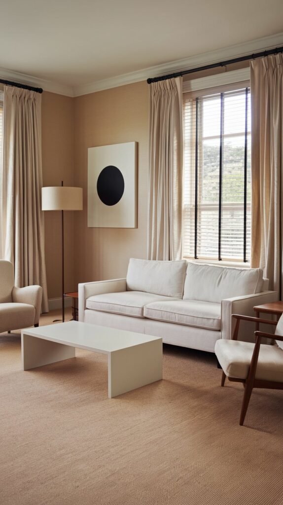 A living room with beige walls and a beige carpet. There is a white sofa with two cushions and a white coffee table in front of the window. The window has beige curtains and blinds. There are also a beige chair and a wooden side table in the room. The floor lamp near the sofa is tall and has a round shade. The artwork on the wall above the sofa is a large white square with a black circle in the middle.