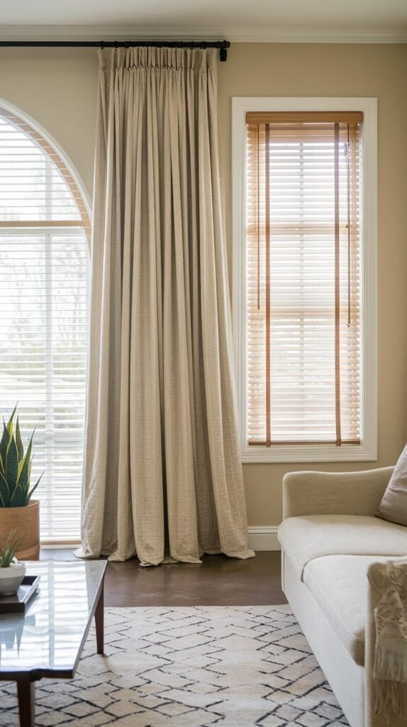 a living room with beige curtains and white blinds. The curtains are long and cover a large window. The blinds are short and cover a smaller window. The room has a beige sofa, a coffee table, and a plant. The wall is a light beige color. The floor is a dark brown color. There is a rug with a geometric pattern.