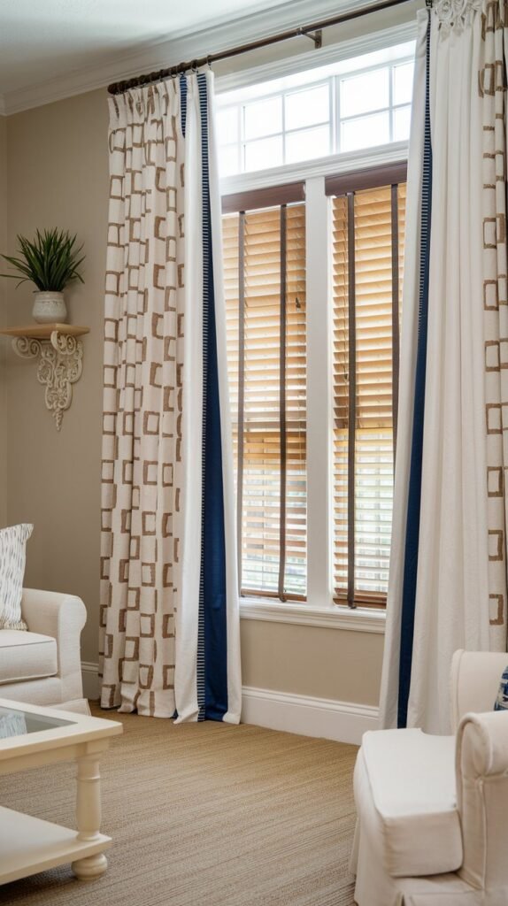 a living room with curtains and blinds. There is a beige curtain with a pattern of white and beige squares. There is also a white curtain with a pattern of blue and white stripes. Both curtains are pulled to the side and are held back by a white rod. The blinds are beige and are pulled up. The window has a transom window above the blinds. The wall has a decorative shelf with a potted plant. The floor has a beige carpet. The room has a beige sofa, a white chair, and a coffee table.