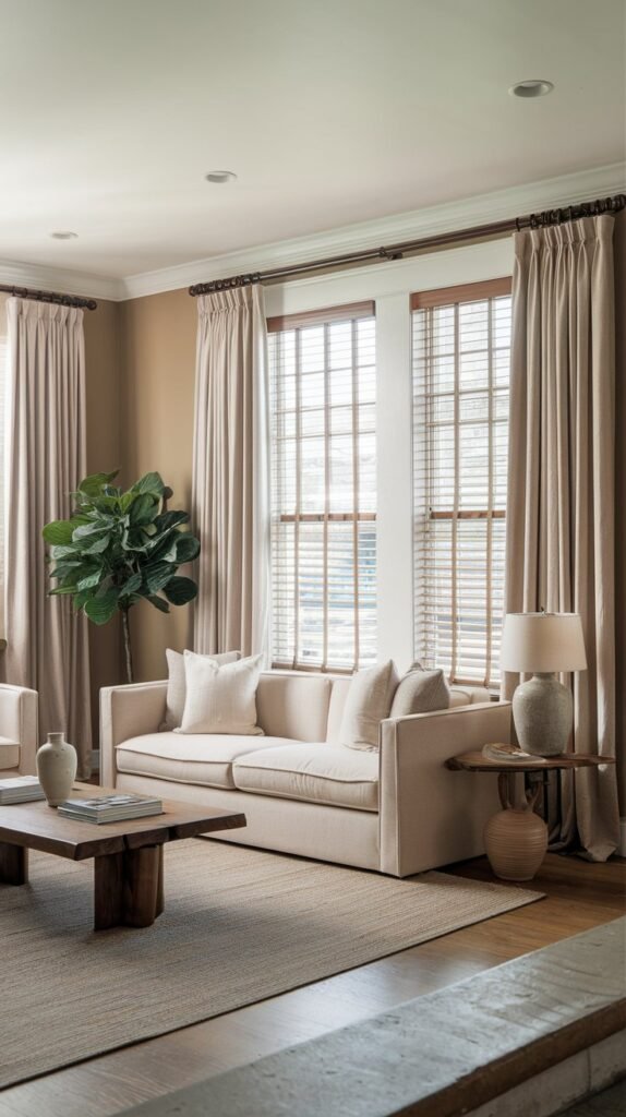 a living room with beige walls and a white ceiling. There is a large window with beige curtains and blinds. The room has a beige sofa, a wooden coffee table, and a potted plant. The floor is made of wood. There is a rug in front of the sofa. The room has a few decorative items, such as a vase and a lamp.